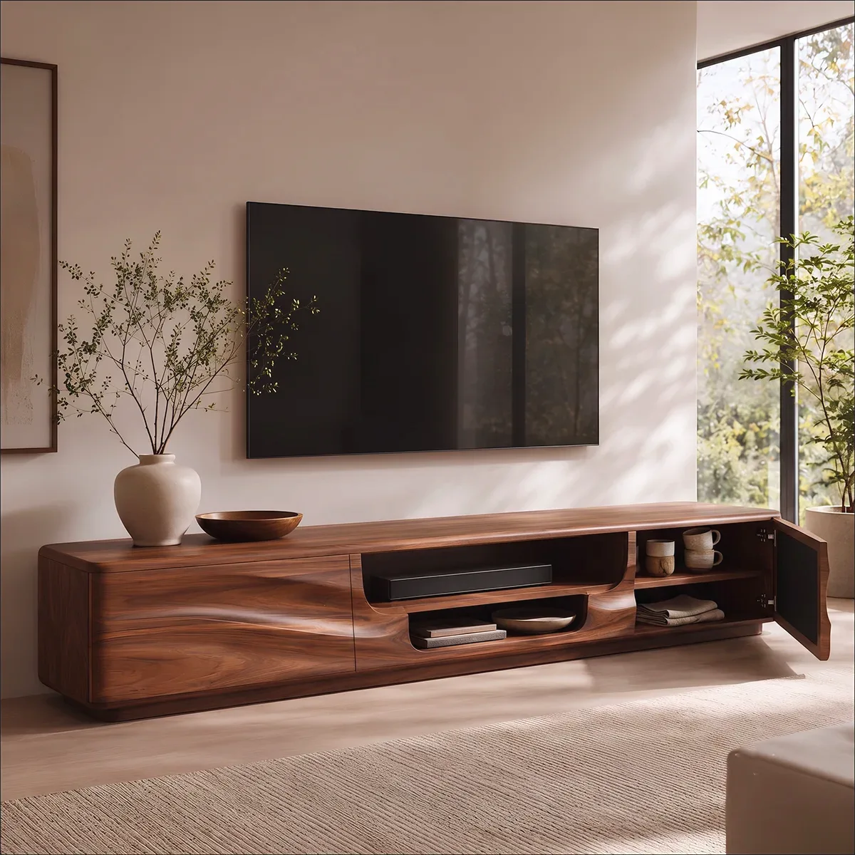 Organic Modern TV Stand with Dual Cabinets & Open Media Shelf | Modern Entertainment Console TT006-7DSN7TR
