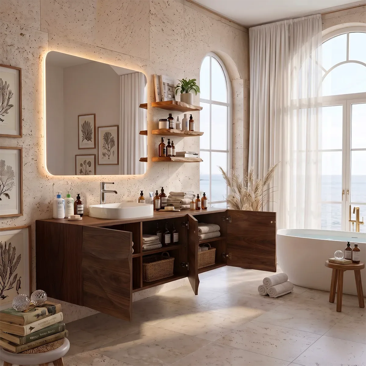 Floating Bathroom Vanity with 3 Doors | Sculpted Wave Front Wall Mounted Vanity Cabinet