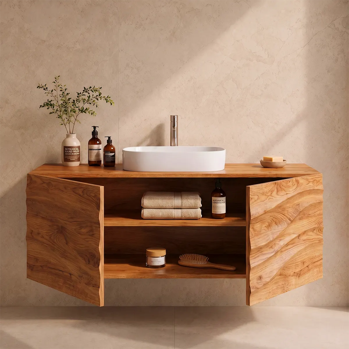 Floating Bathroom Vanity with 2 Doors | Carved Wave Front Wall Mounted Vanity Cabinet
