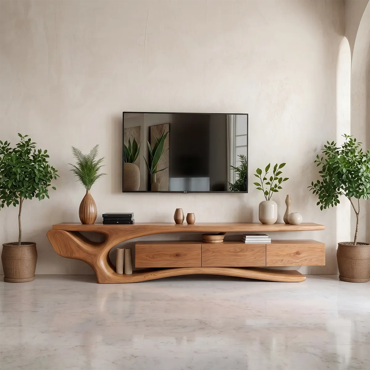 Modern Organic TV Stand with Sculptural Wave Frame & Three Drawer Storage TT006-9XJR2WM