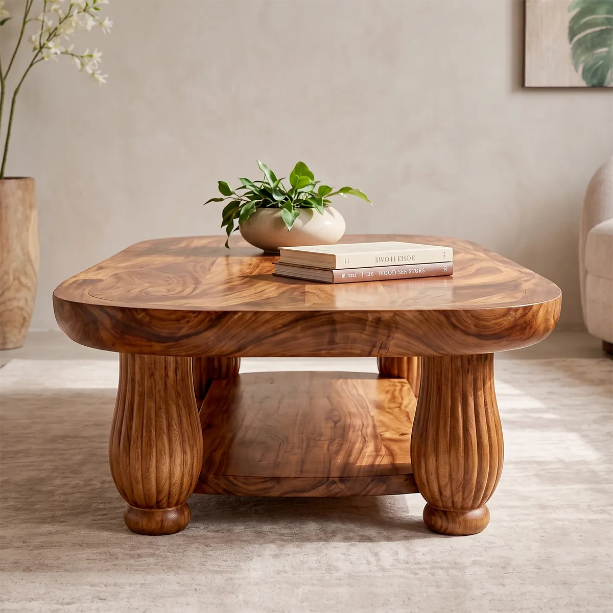 Oval Solid Wood Coffee Table with Storage Shelf | Mid Century Modern Living Room Table TT006-9169