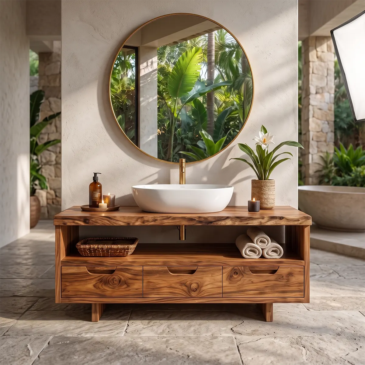 Freestanding Solid Wood Bathroom Vanity | Live Edge Wood Vanity with Open Shelf & Three Drawers TT006-2MDA2PI