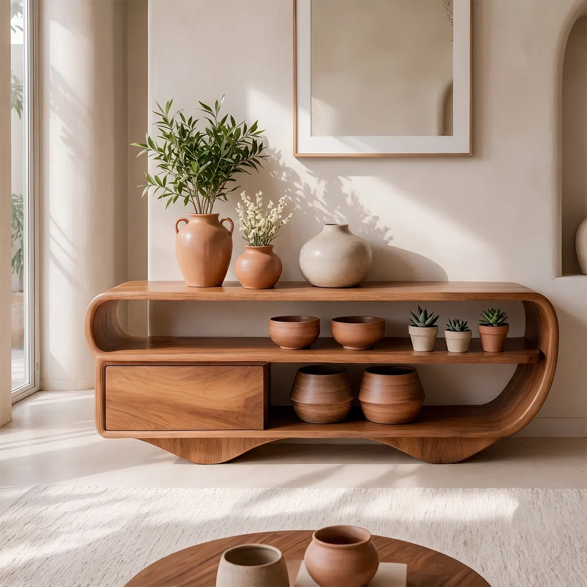 Modern Organic Console Table with Storage Drawer & Open Shelves for Entryway TT006-6372