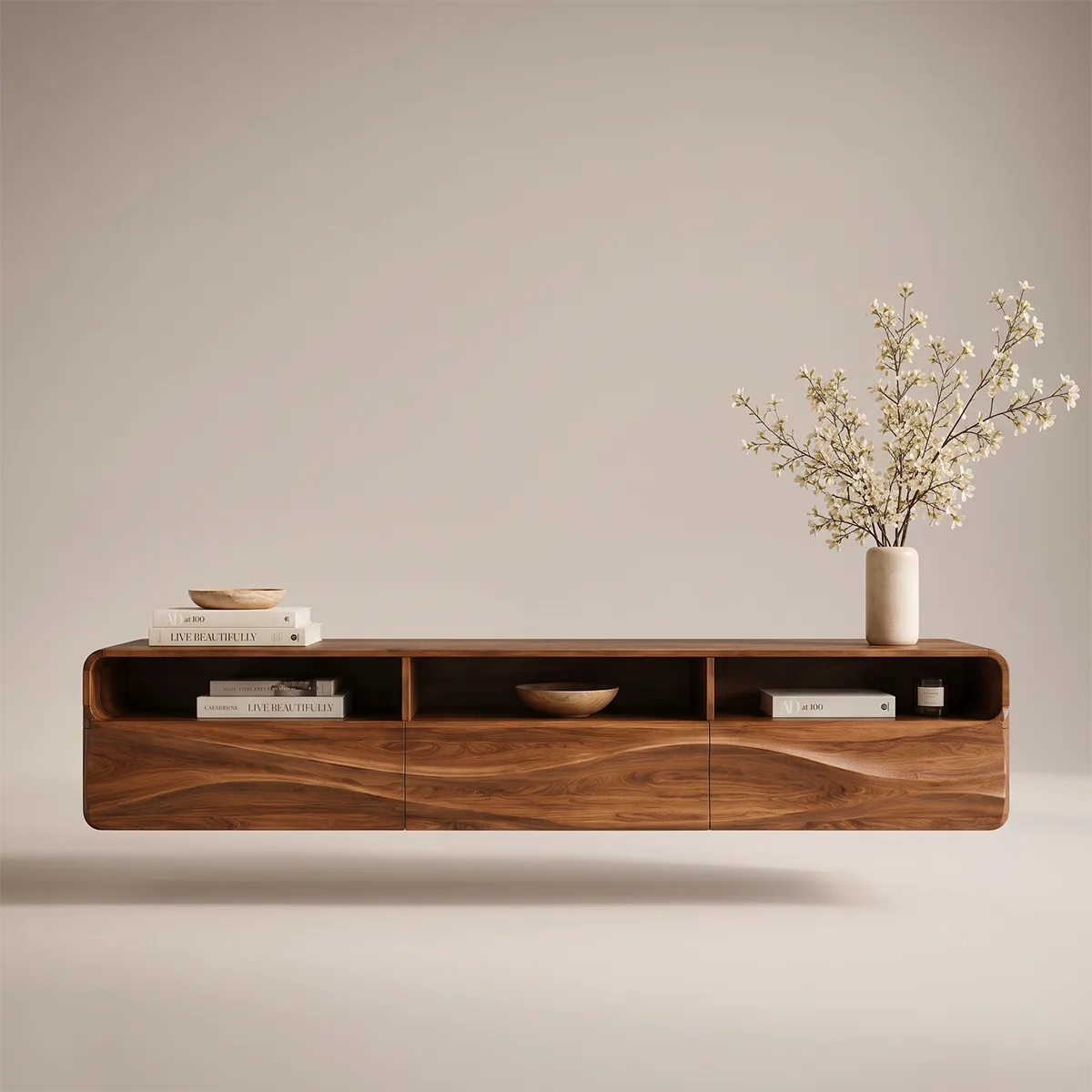 Floating TV Stand with Open Shelving & Three Drawers | Organic Modern TV Console TT006-5STK9KO