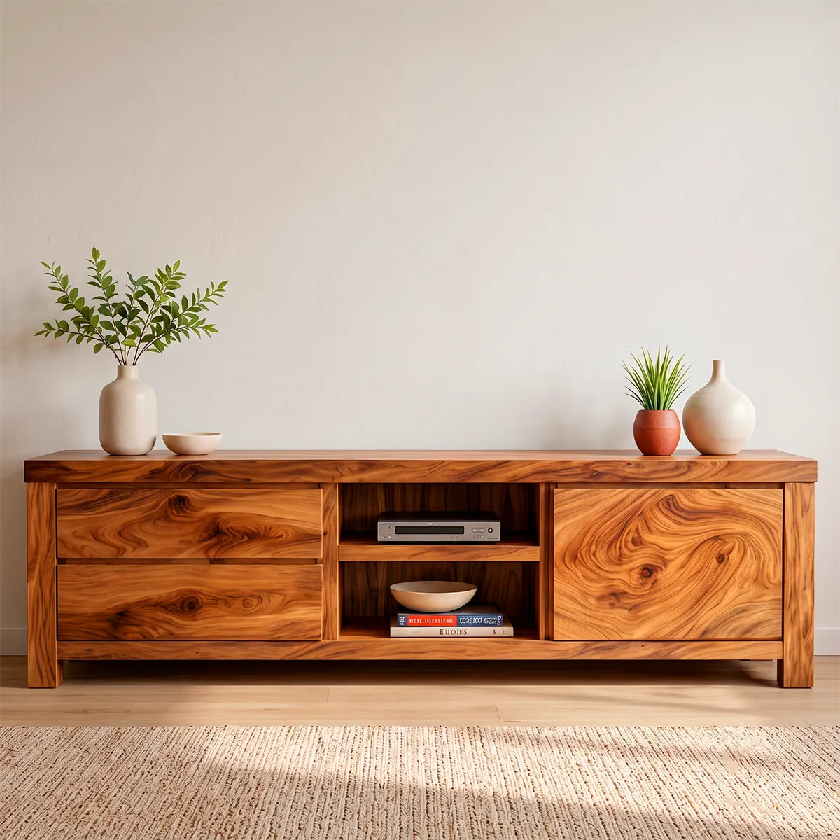 Modern TV Stand with 2 Drawers, Open Shelves & Enclosed Cabinet | Contemporary Media Console