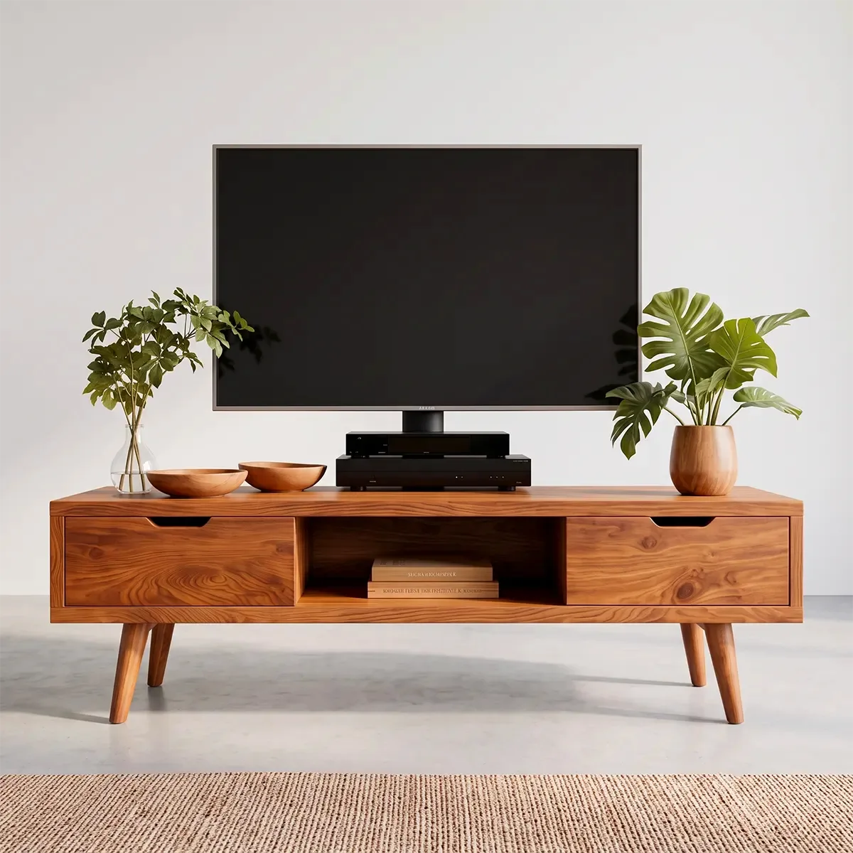 Mid-Century Modern TV Stand with 2 Drawers & Open Shelf | Low Profile Media Console