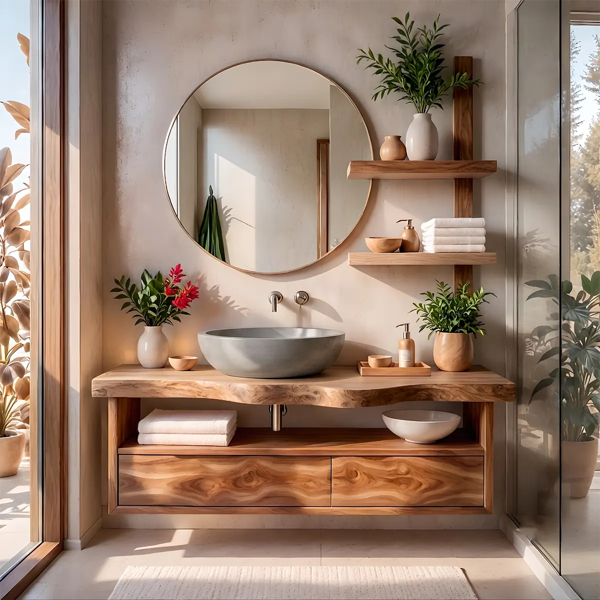 Floating Solid Wood Bathroom Vanity | Modern Bathroom Vanity with Double Drawers and Open Shelf TT006-7HIS6ML