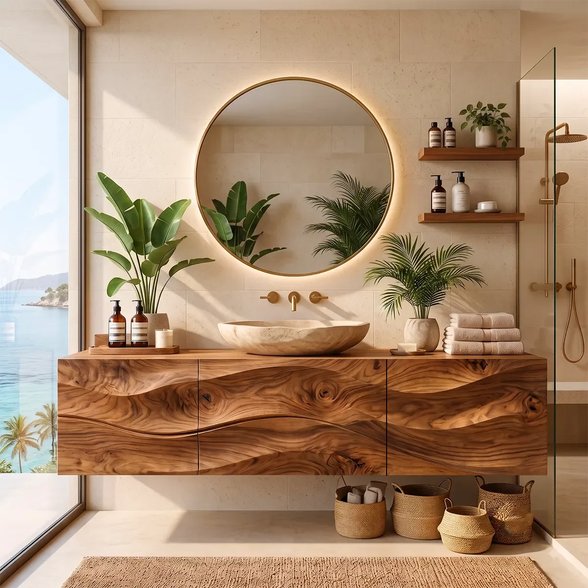 Floating Bathroom Vanity with 3 Doors | Sculpted Wave Front & Handleless Modern Design