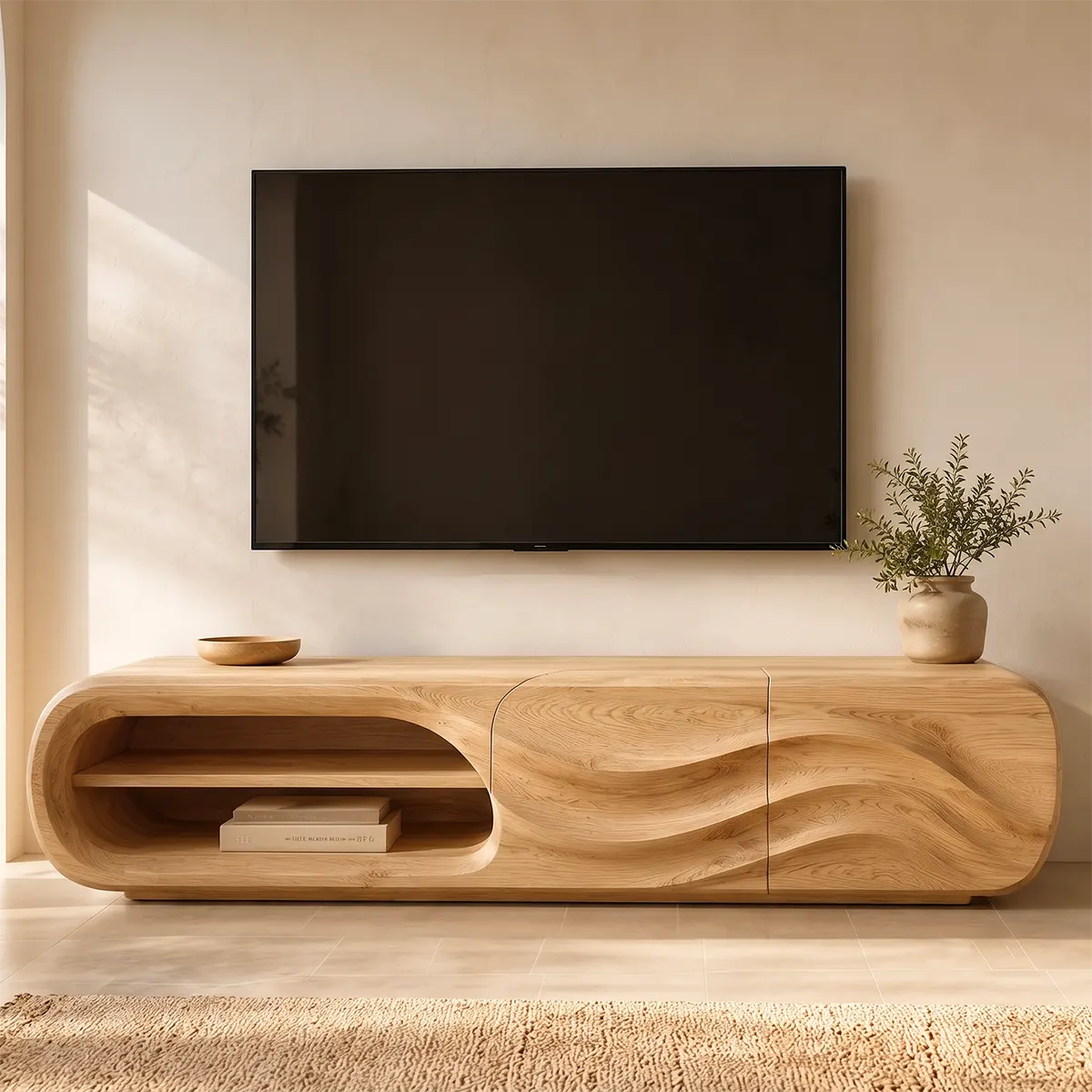 Modern Organic TV Stand with Open Shelving & Dual Sculpted Storage Cabinets TT006-6RWN8II