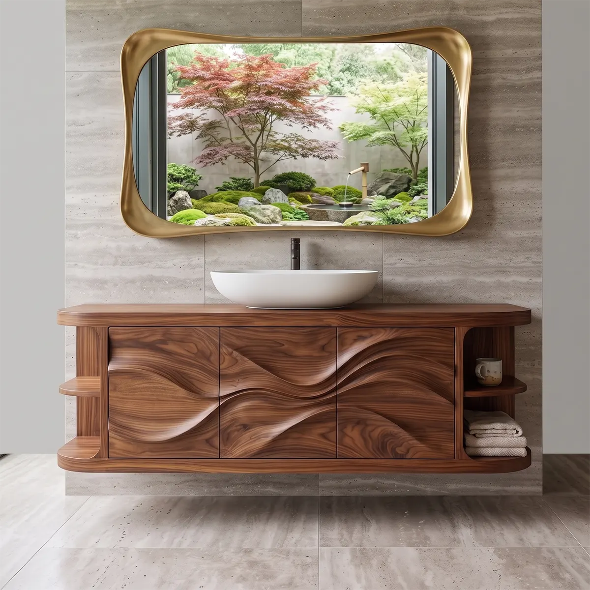 Modern Floating Bathroom Vanity with Wave Carved Doors & Open Shelves | Solid Wood Wall Mounted Bathroom Vanity TT006-8NEC3KF