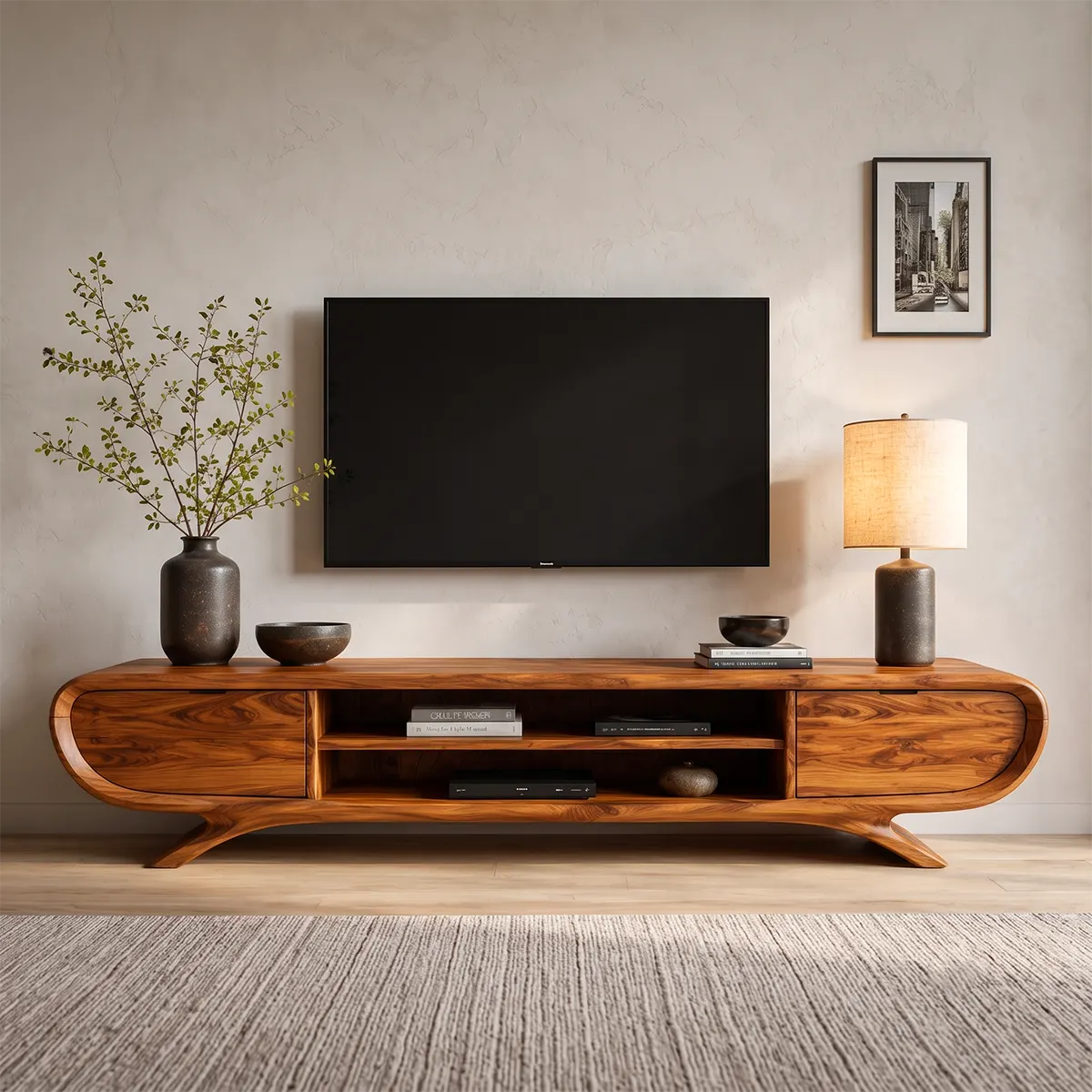 Sculptural Curved TV Stand with Open Media Shelves & Concealed Storage | Modern Entertainment Console