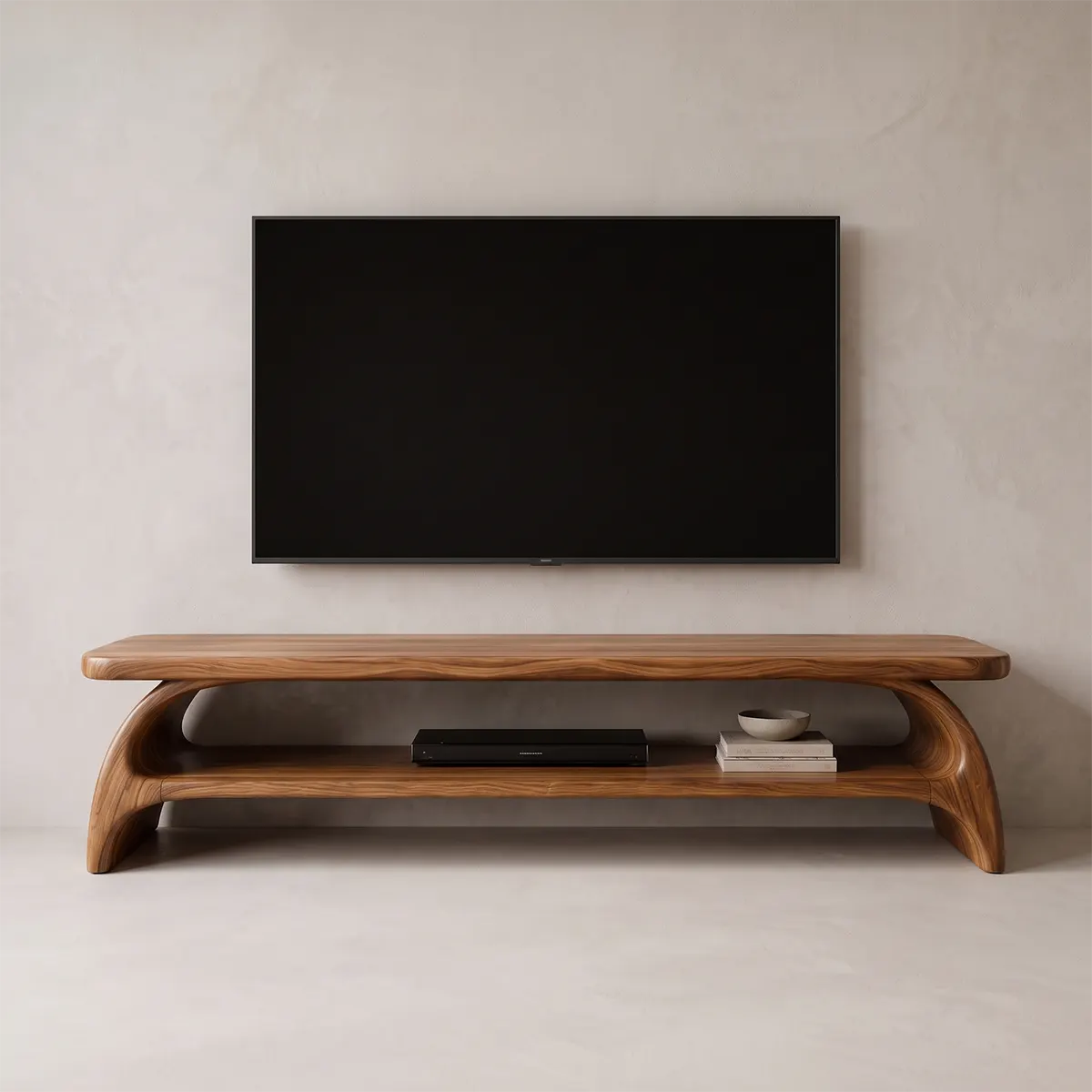 Organic Modern TV Stand with Sculptural Open Shelf & Curved Waterfall Design TT006-2BHV8AL