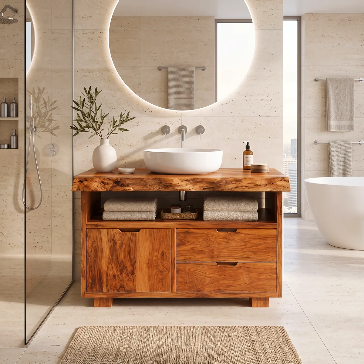 Freestanding Bathroom Vanity with Storage & Open Shelf | Live Edge Modern Design