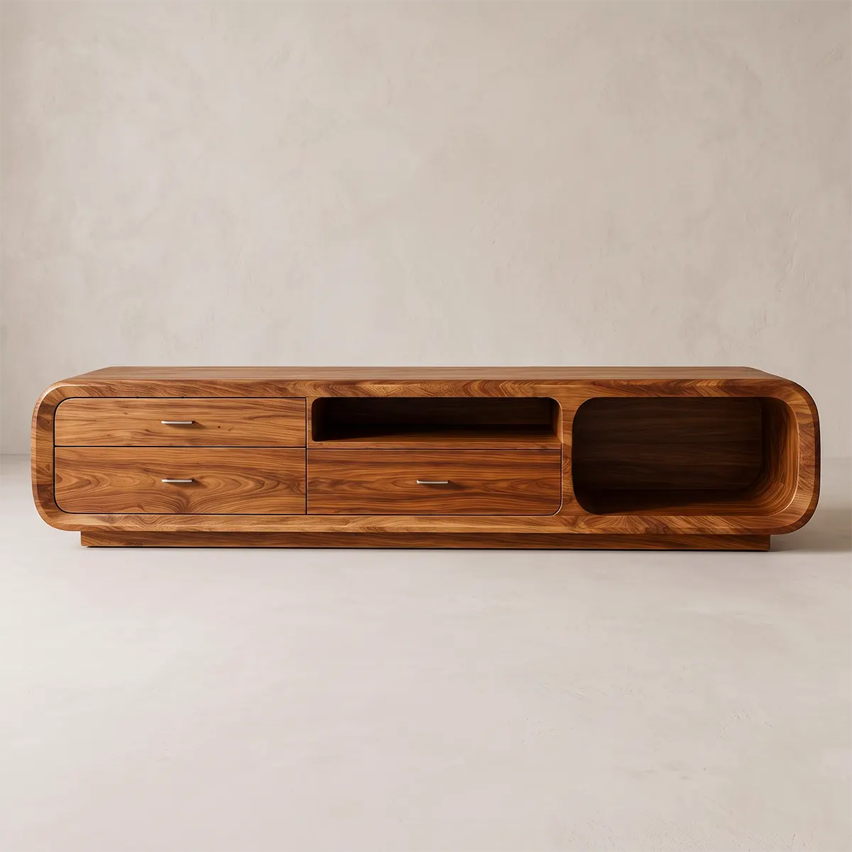 Modern Curved TV Stand with 3 Drawers & Open Media Storage | Sculptural Low Profile Entertainment Console