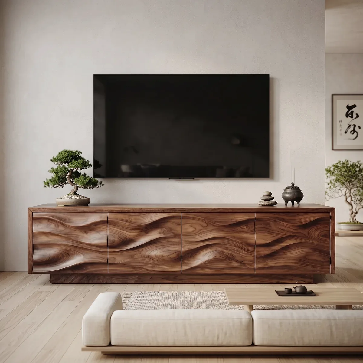 Modern Organic TV Stand with Sculpted Cabinets | Entertainment Console TT006-6CBU3TP