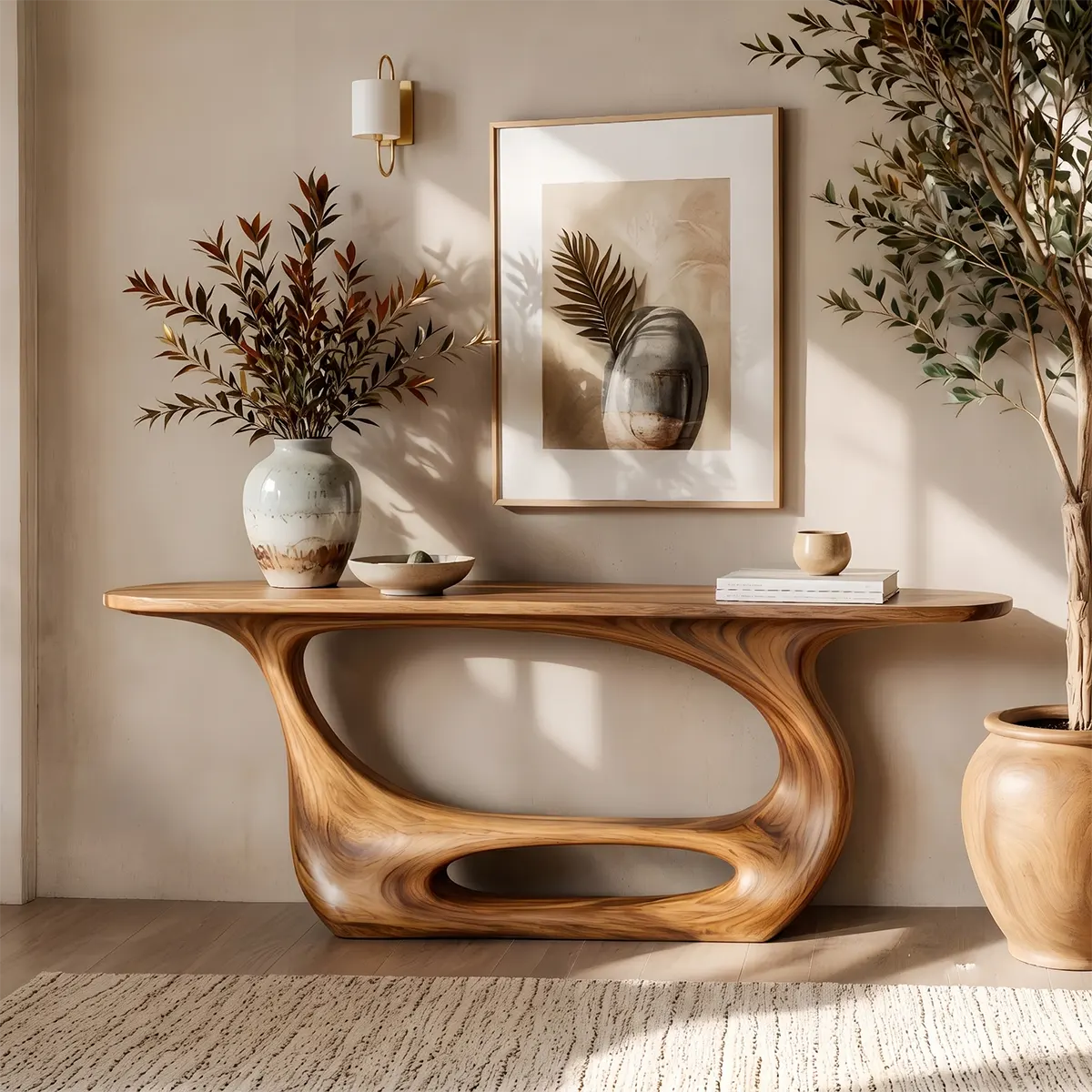 Organic Modern Console Table with Sculptural Open Base for Entryway & Living Room TT006-9597