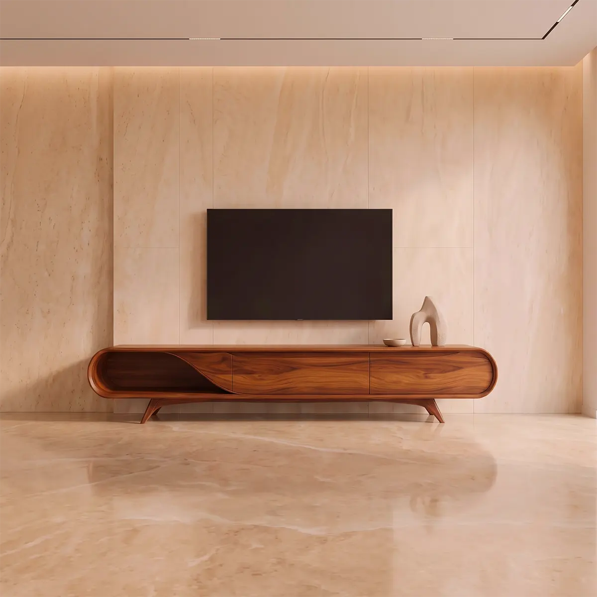 Sculptural Curved TV Stand with 2 Concealed Storage Compartments & Open Shelf | Modern Media Console
