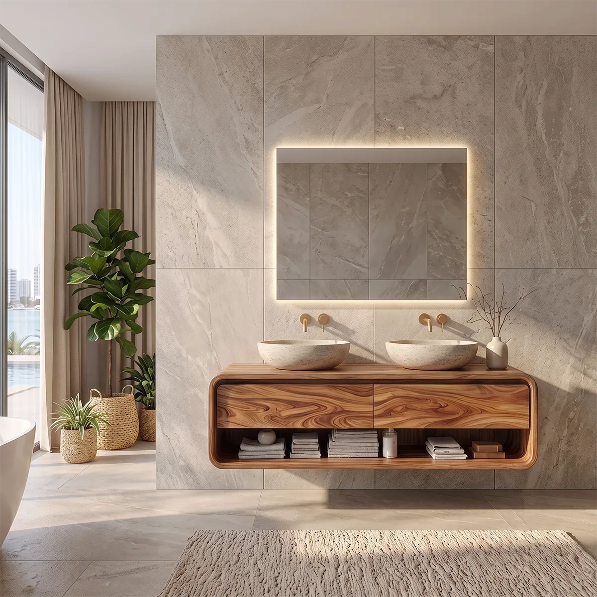 Modern Double Sink Floating Bathroom Vanity with Two Drawers & Open Shelf TH003-9TFD3FP