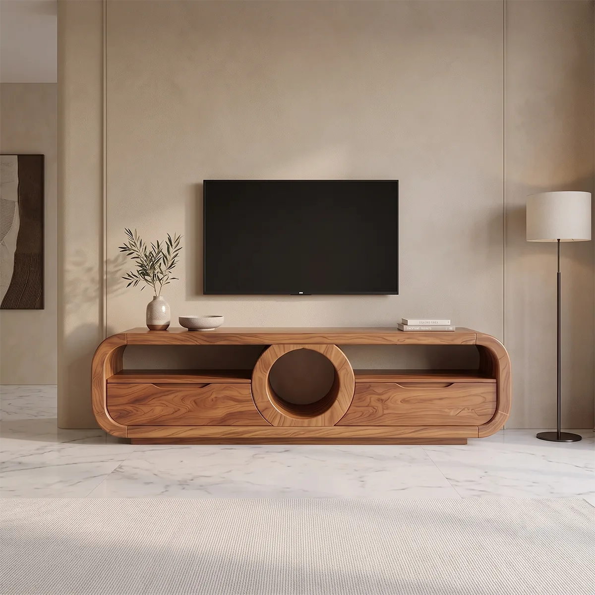 Modern TV Stand with Circular Shelf & Drawers | Sculptural Media Console TH003-7HDN2FQ