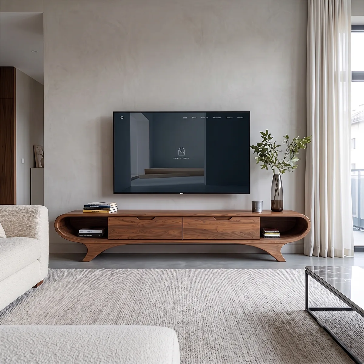 Modern Curved TV Stand with 2 Drawers & Open Side Shelves | Low Profile Media Console