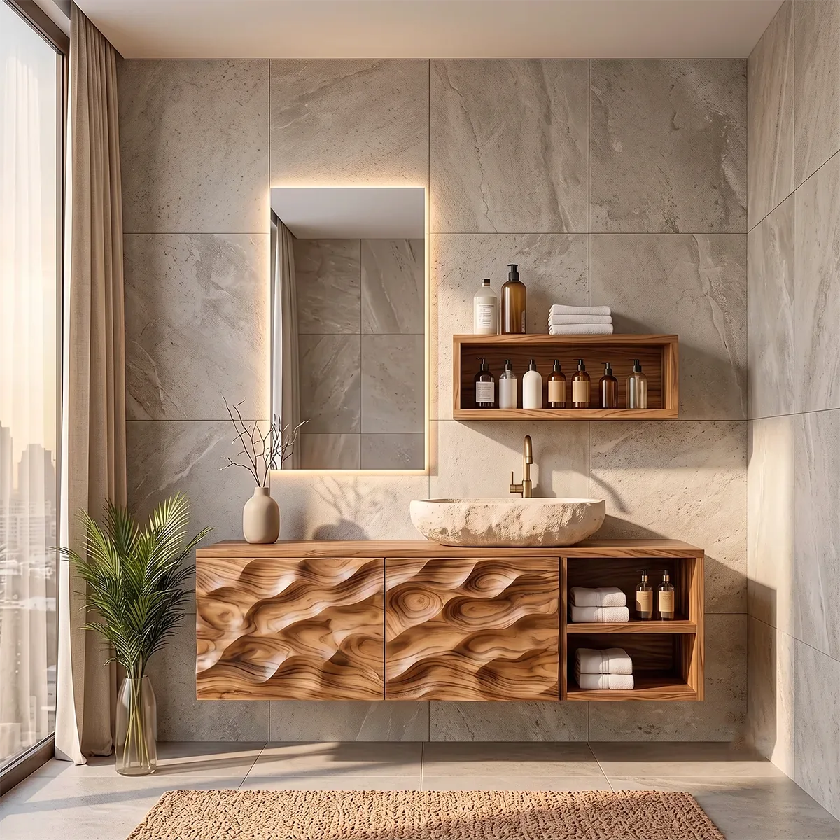 Floating Bathroom Vanity with Sculptural Cabinets & Open Side Shelves | Modern Vanity Cabinet TH003-4JYP9HL