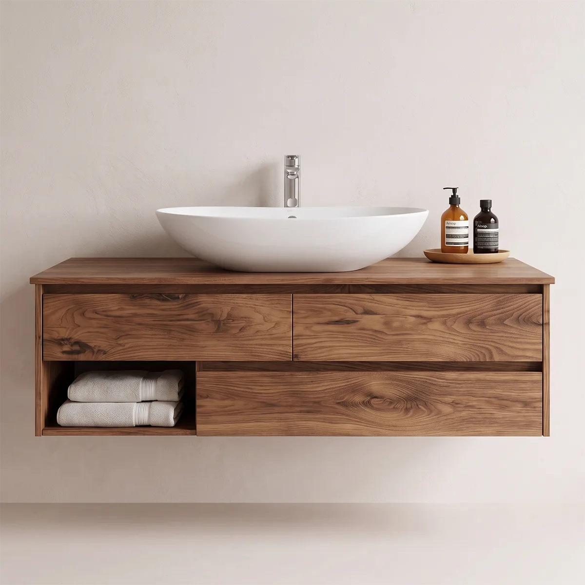 Modern Floating Bathroom Vanity with 3 Drawers & Open Storage Shelf