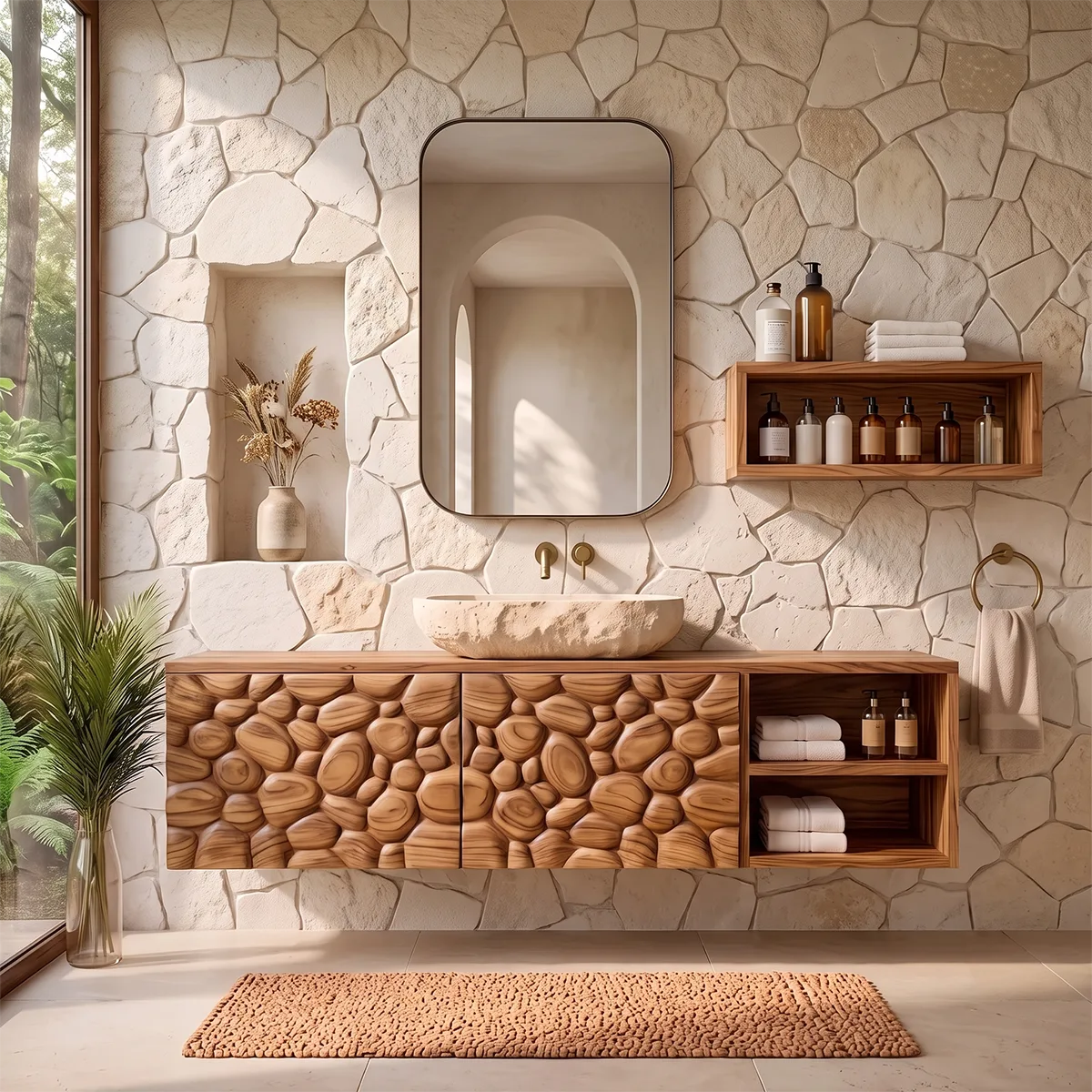 Floating Bathroom Vanity with Pebble Carved Doors & Open Side Shelves TH003-6VHK3DD