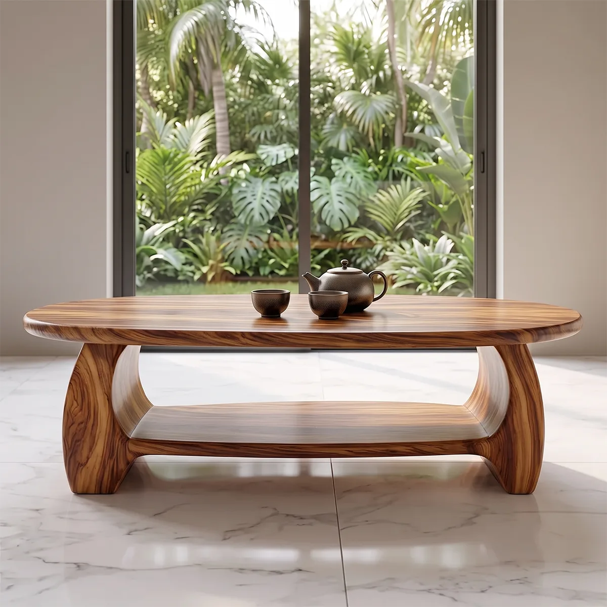 Modern Oval Coffee Table with Open Shelf | Sculptural Wood Center Table for Contemporary Living Room TH003-2398