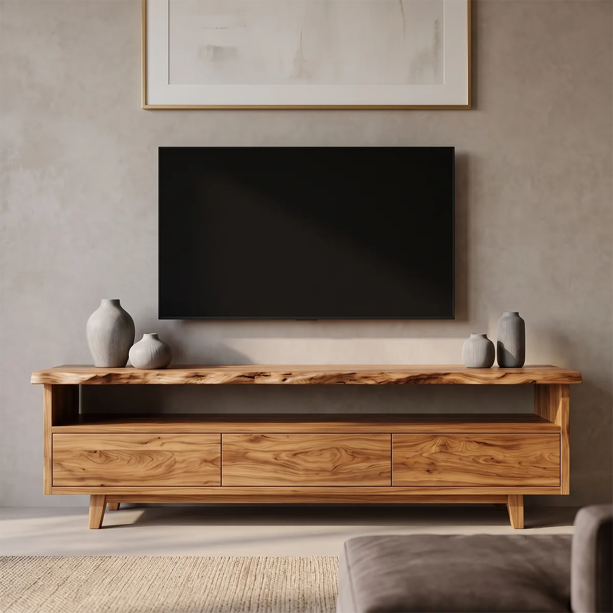 Live Edge TV Stand with 3 Drawers & Open Shelf | Modern Media Console TH003-8RIU4RU