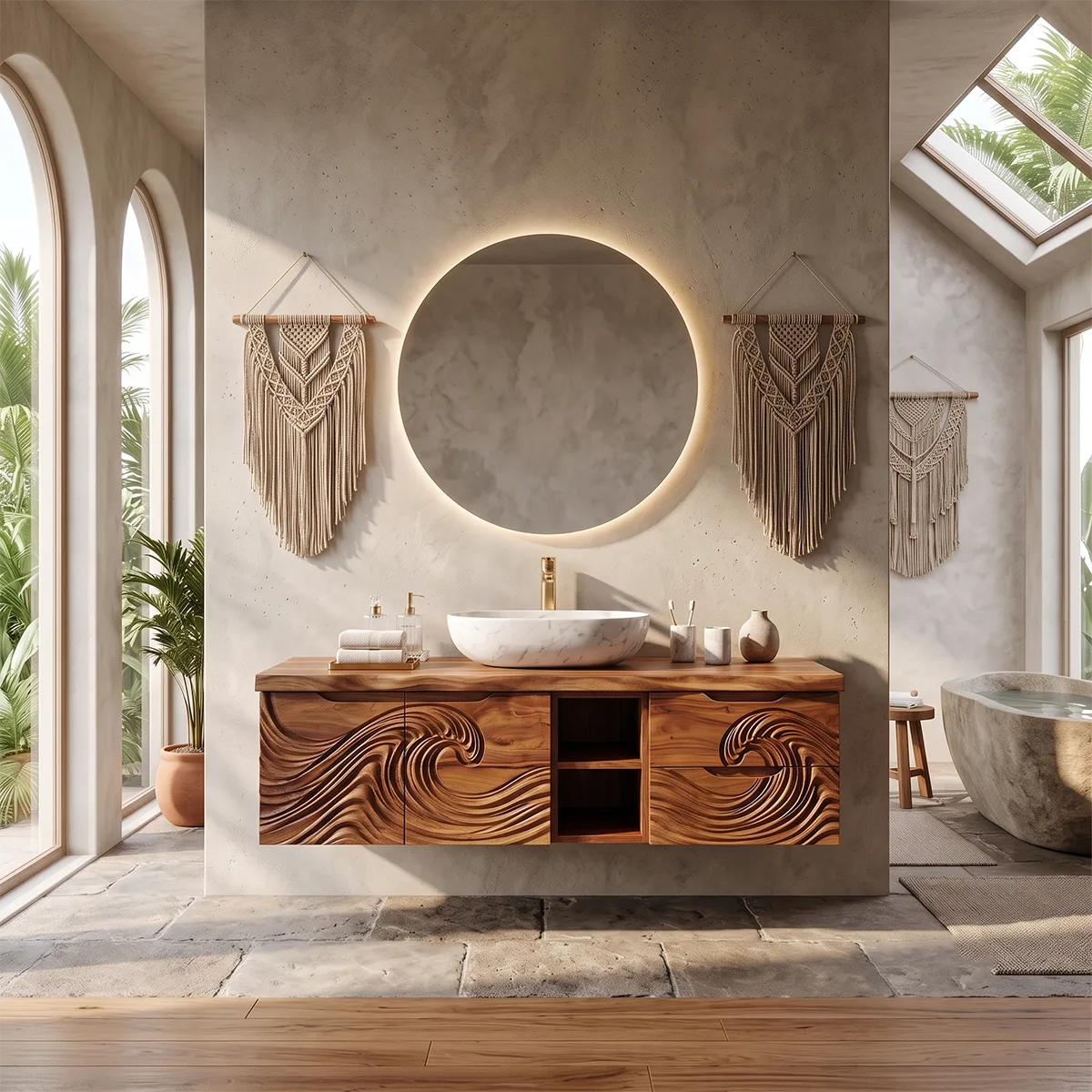 Modern Floating Bathroom Vanity with Wave Carved Cabinet, Open Shelf & Dual Drawers TH003-5MOV2YH