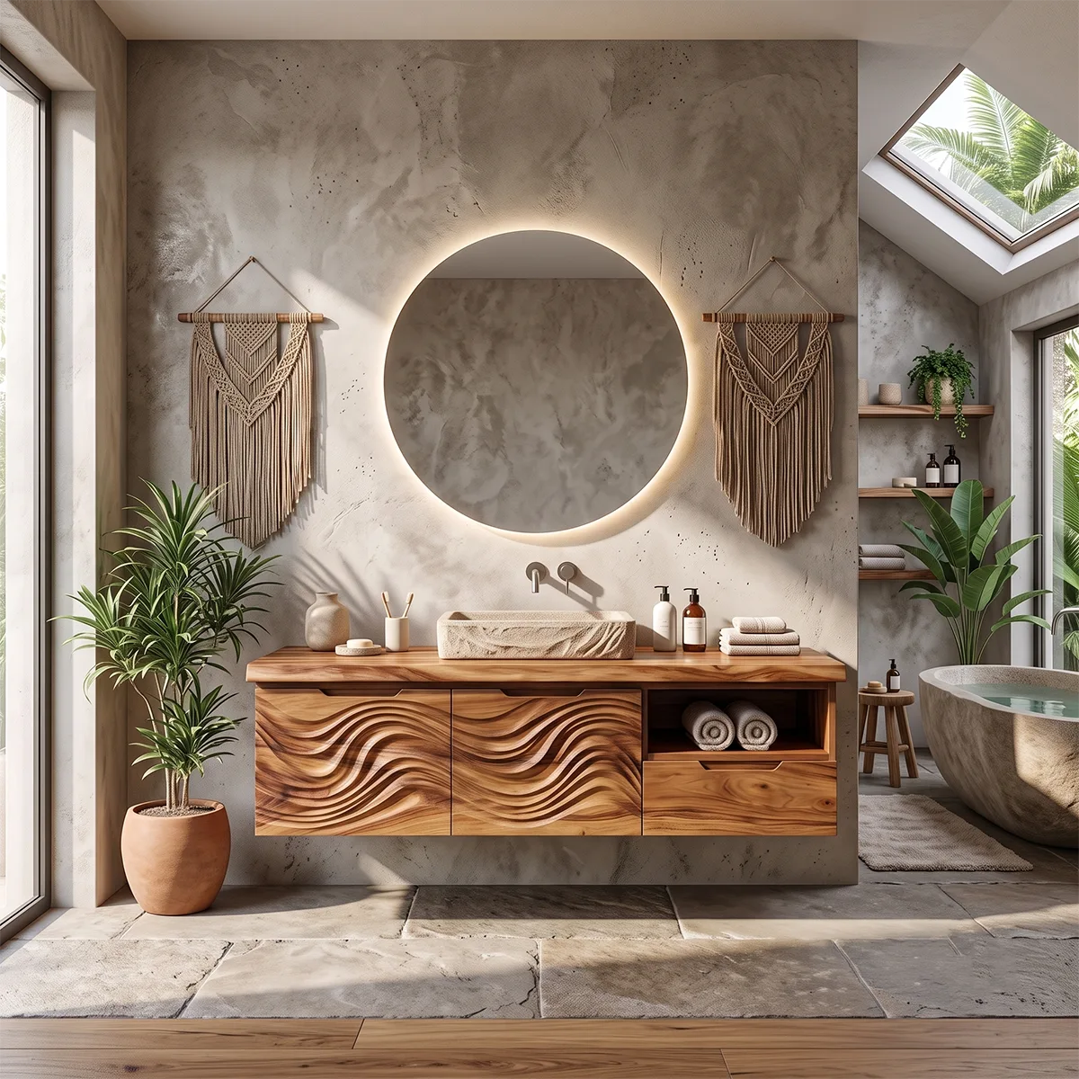 Modern Floating Bathroom Vanity with Wave Carved Cabinet, Open Shelf & Storage Drawer TH003-1MBE1JF