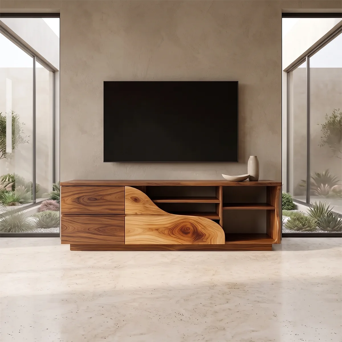 Asymmetrical TV Stand with Drawers & Open Shelves | Sculptural Media Console TH003-7SZG2XE