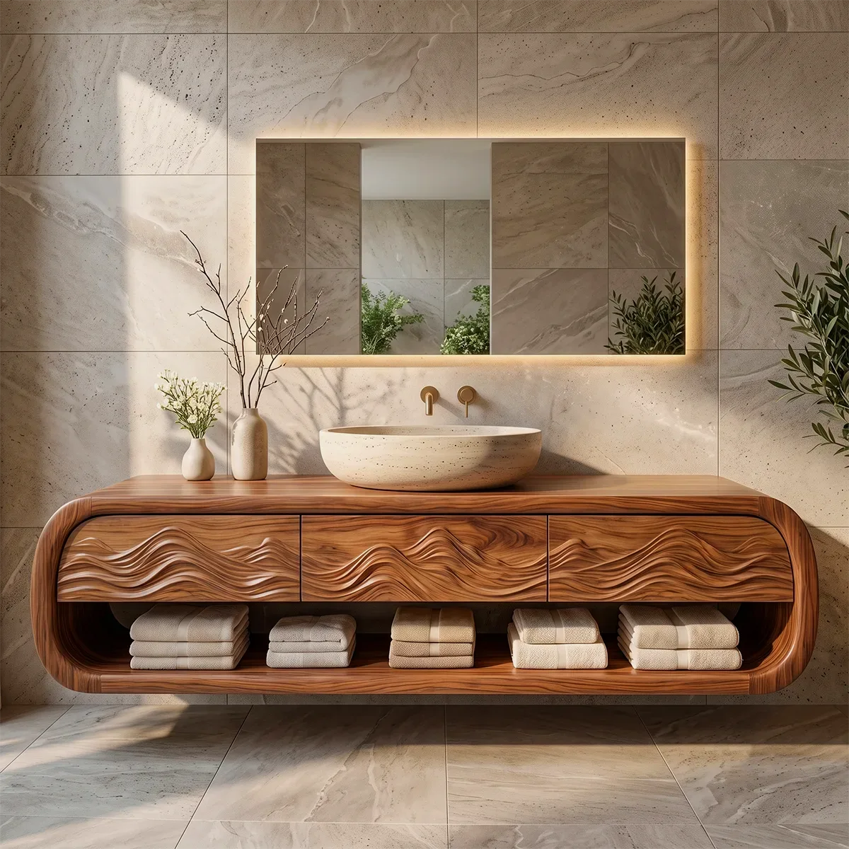 Modern Floating Bathroom Vanity with Drawers, Open Shelf & Curved Waterfall Design TH003-3PJG6FT