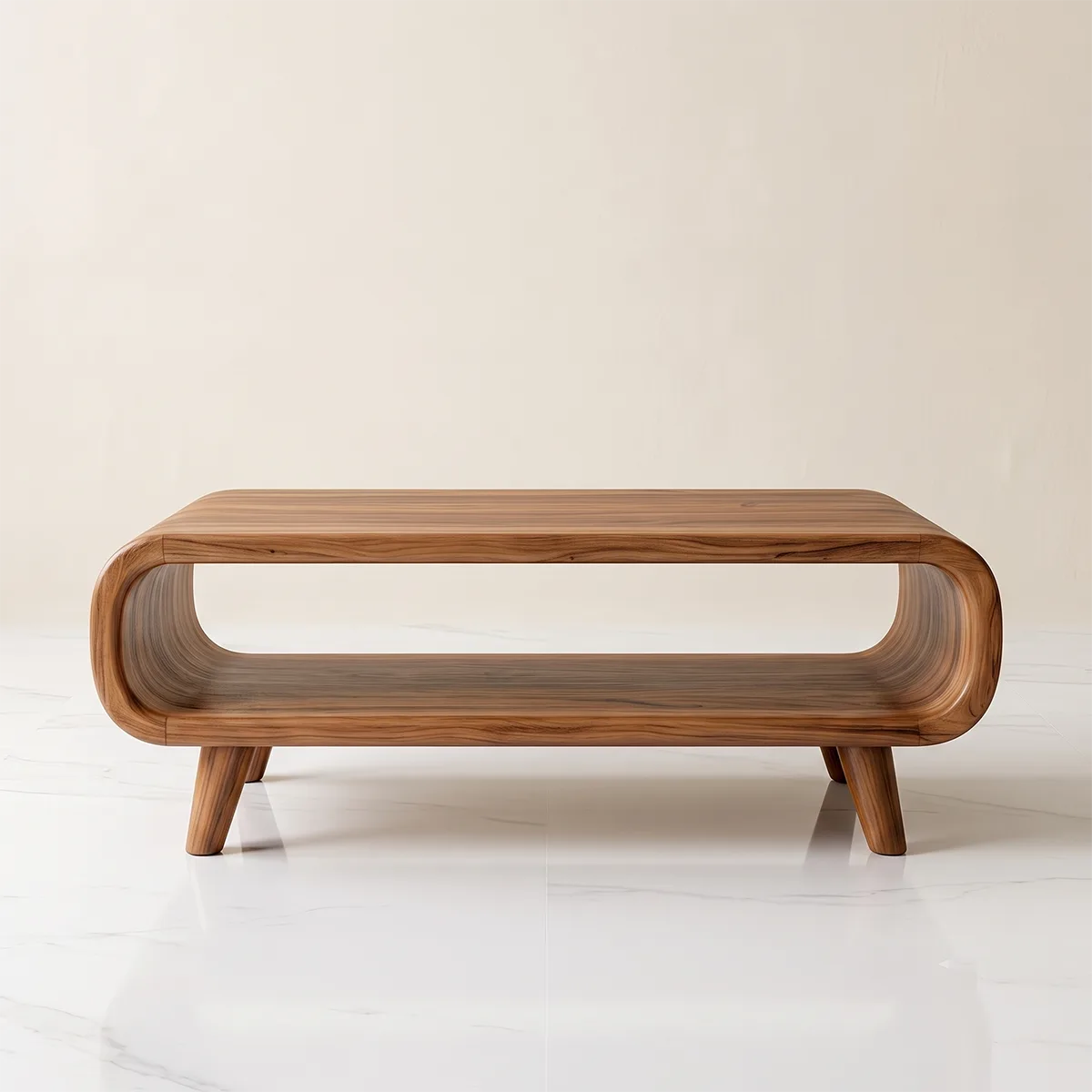 Modern Waterfall Coffee Table with Open Shelf | Mid-Century Curved Center Table for Living Room TH003-3124