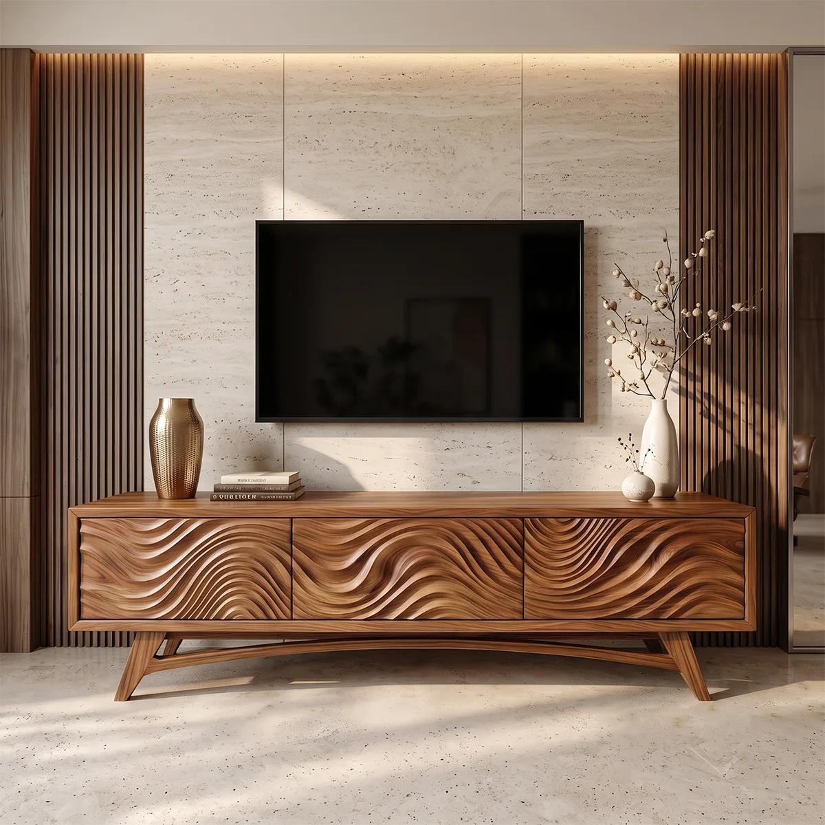 Carved Wave TV Stand with 3 Cabinets | Sculptural Modern Media Console TH003-1PAI9SF