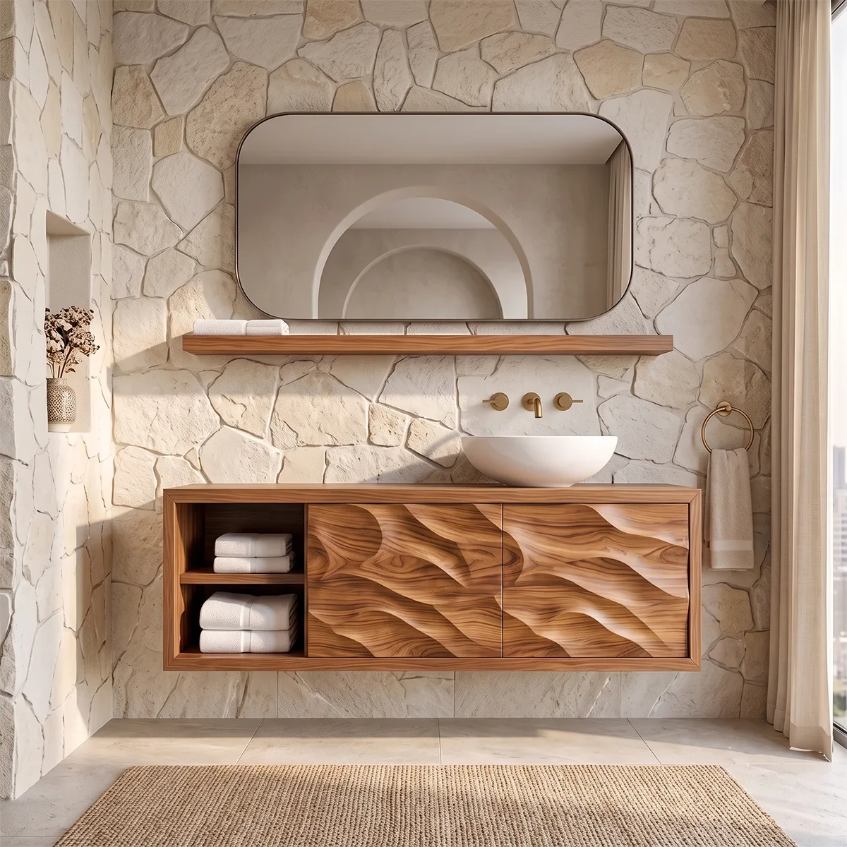 Modern Floating Bathroom Vanity with Sculpted Wave Doors | Wall Mounted Vanity Cabinet TH003-9UNQ5XS