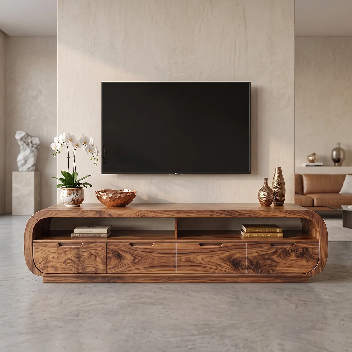 Rounded TV Stand with 4 Drawers & Open Shelves | Modern Media Console