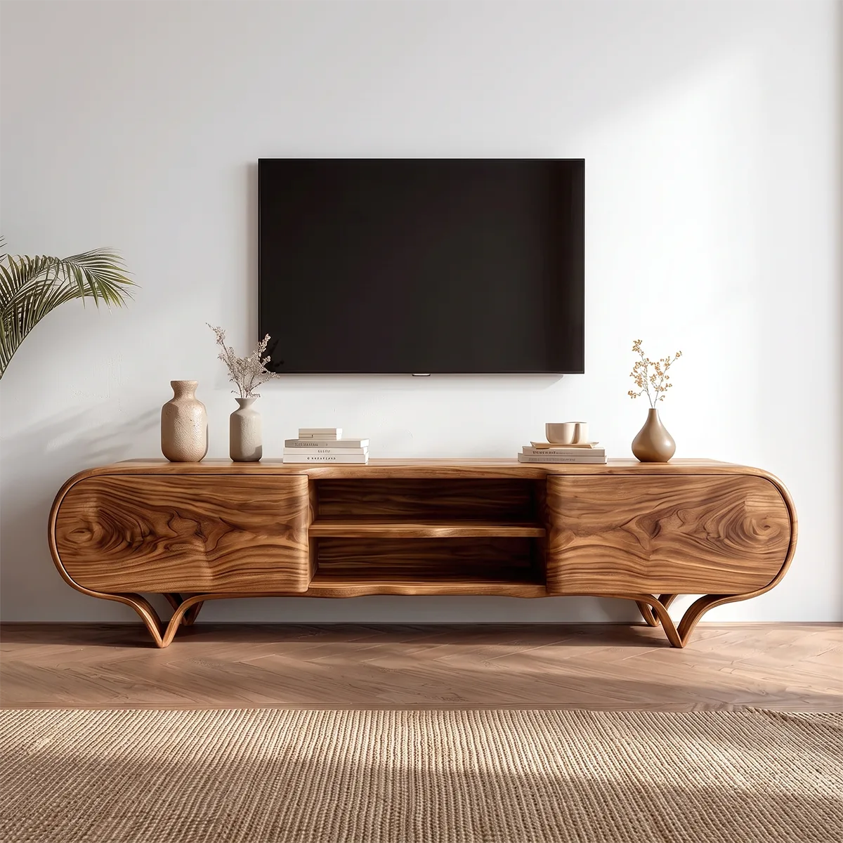 Curved 2-Door TV Stand with Open Shelves | Sculptural Modern Media Console