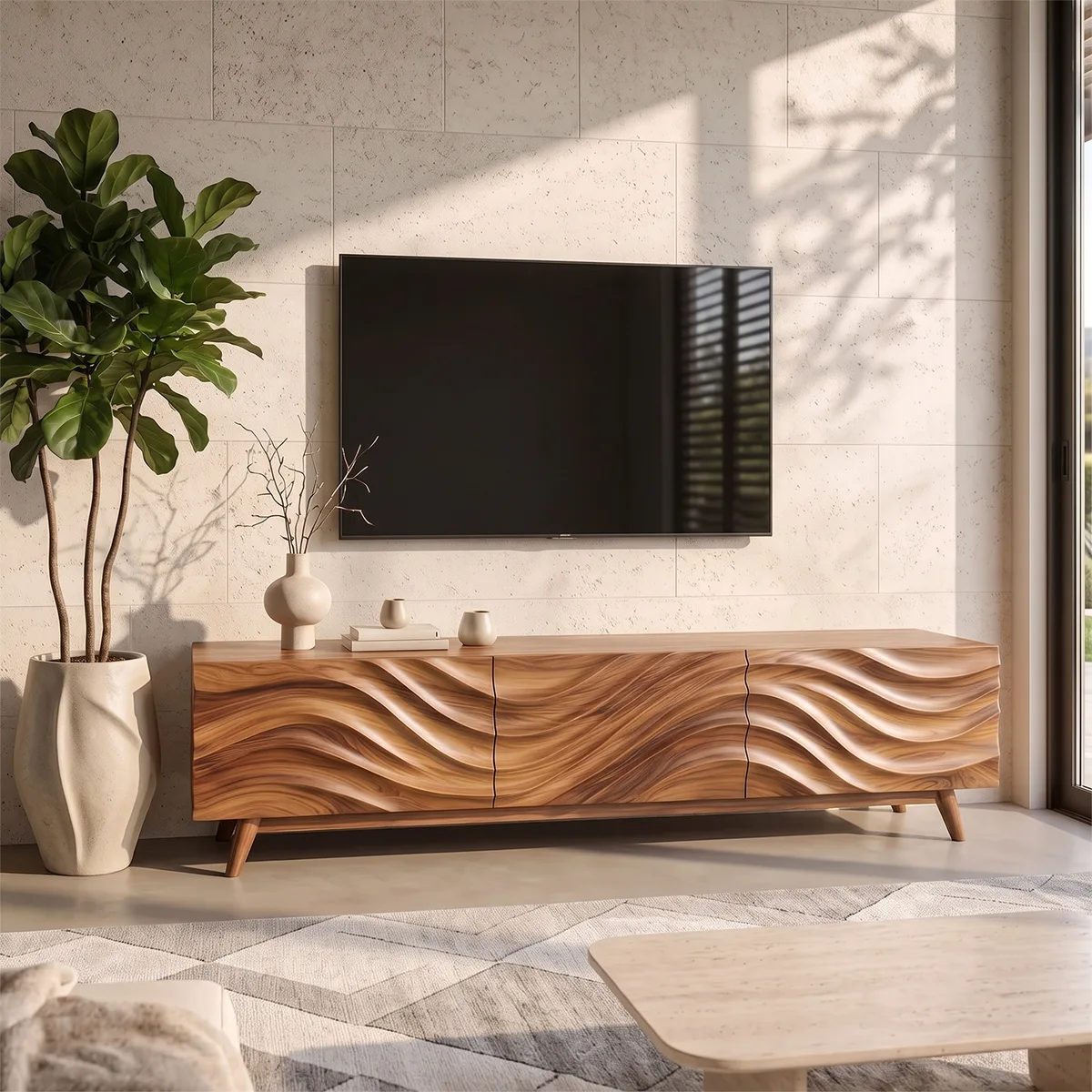 Modern Wave Front TV Stand with Dual Cabinets & Center Drawer | Contemporary Media Console TH003-9IBA7YN