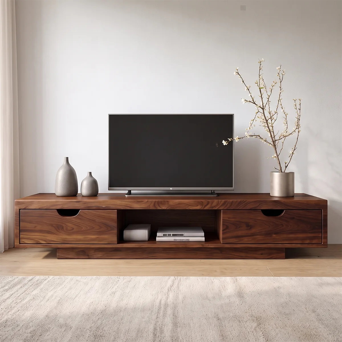 Modern TV Stand with 2 Drawers & Open Shelf | Low Profile Media Console