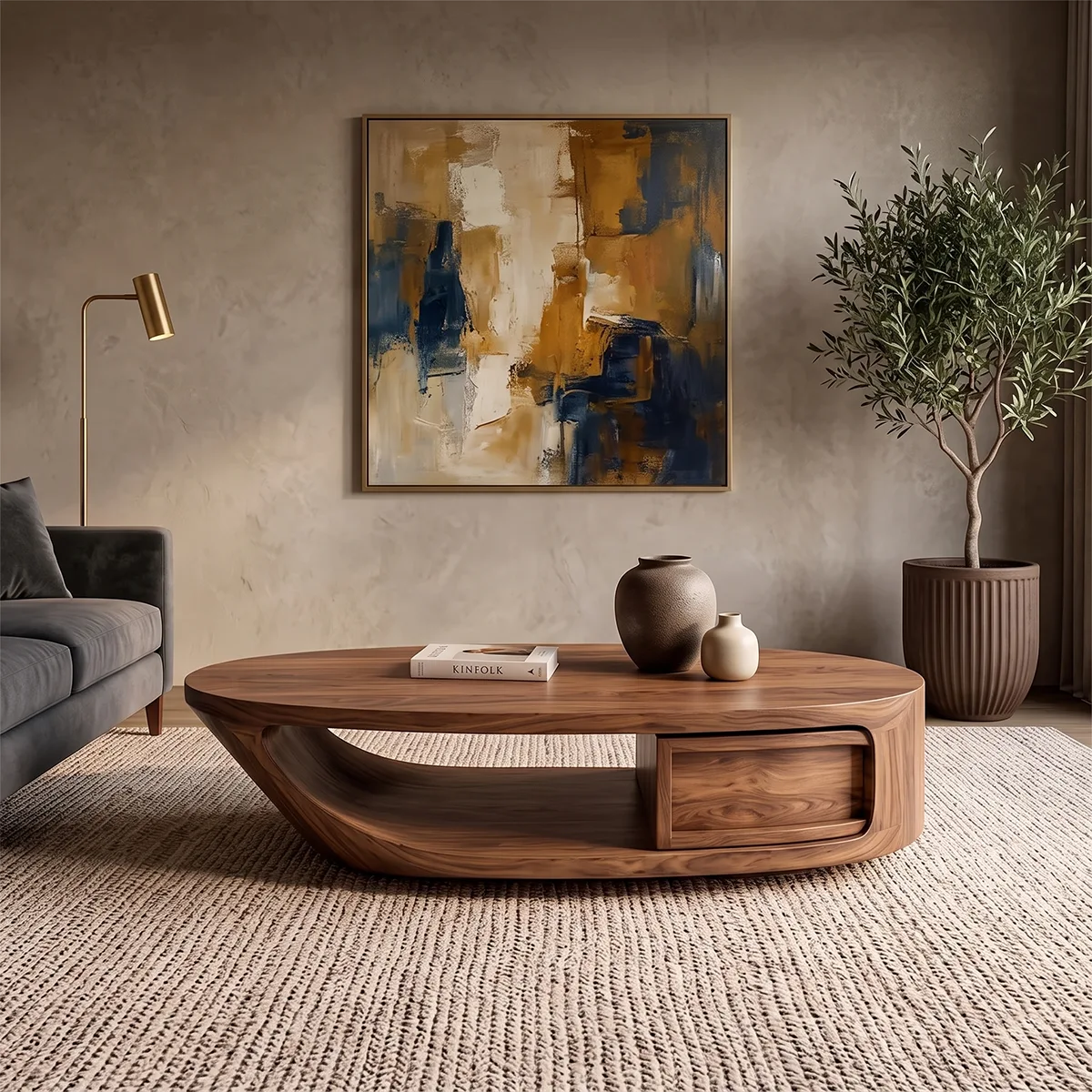 Modern Oval Coffee Table | Organic Sculptural Low Profile Living Room Center Table