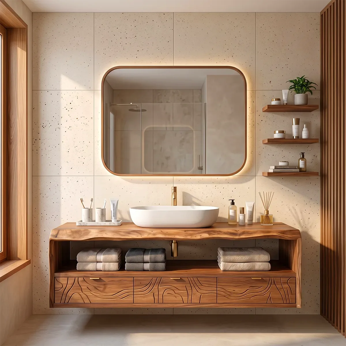 Floating Bathroom Vanity with Live Edge Countertop & Carved Drawer Fronts TH003-6UAW7UW