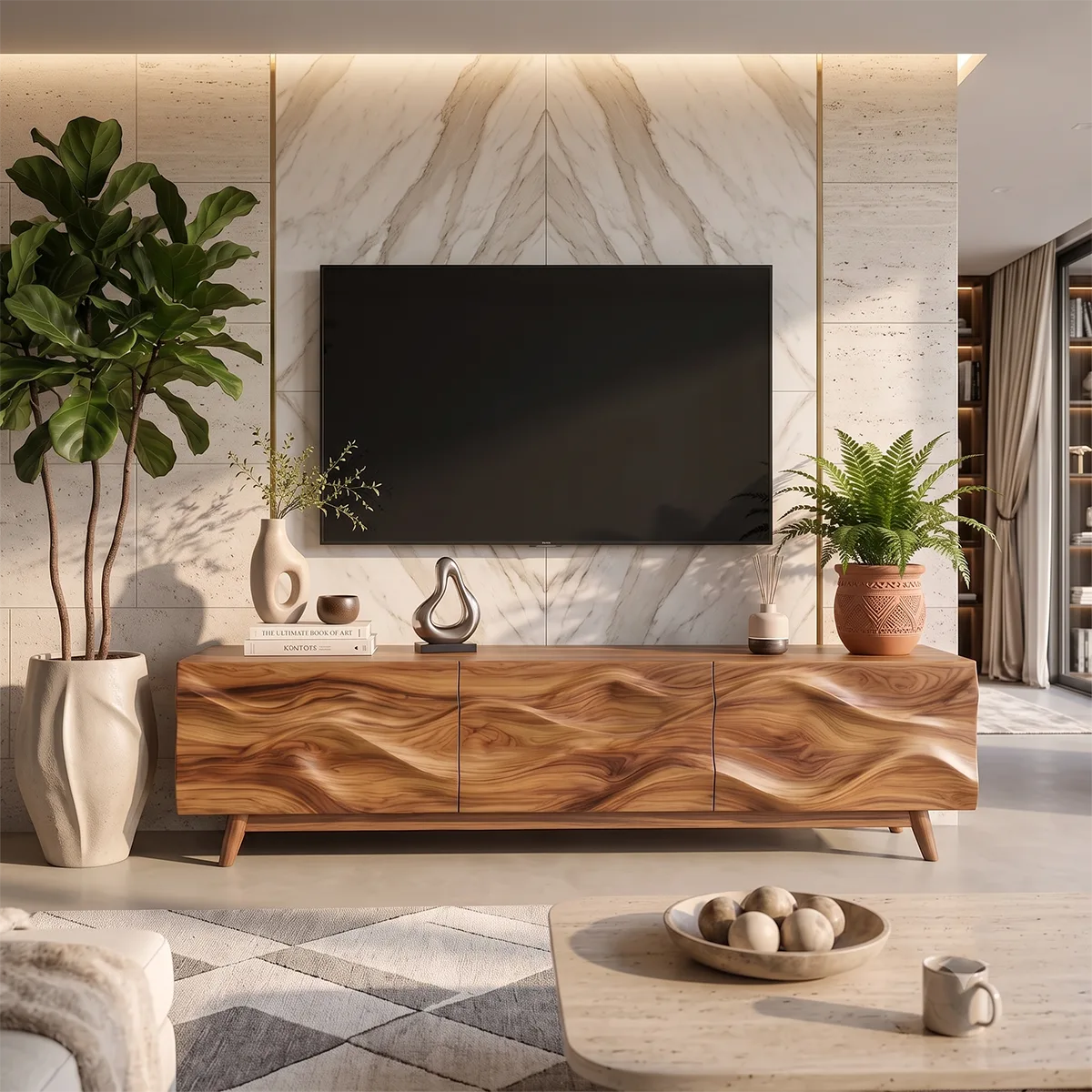 Wave Carved TV Stand with Cabinets & Drawer | Sculptural Media Console TH003-6OAB8FA