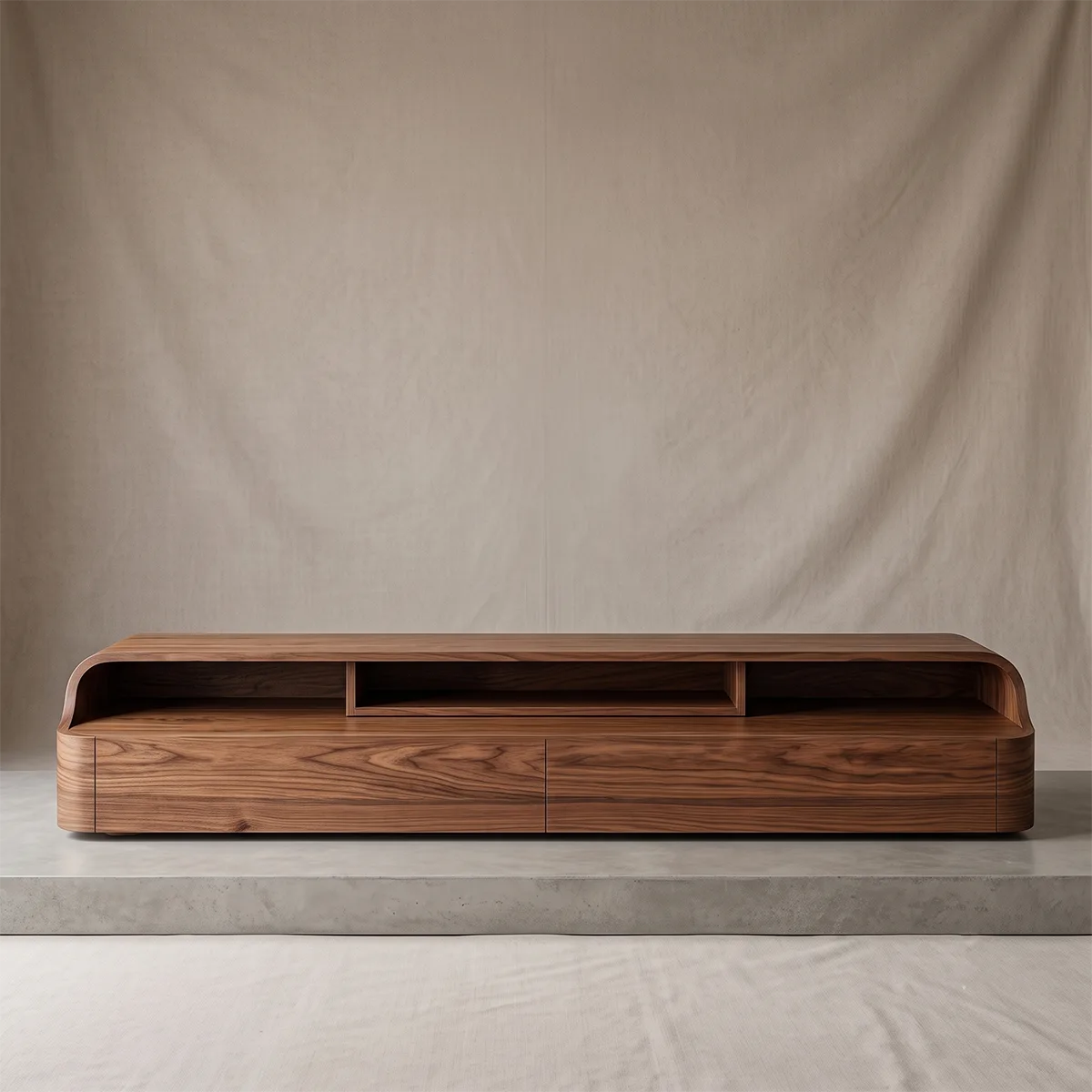 Modern Low Profile TV Stand with 2 Drawers & Open Media Shelves