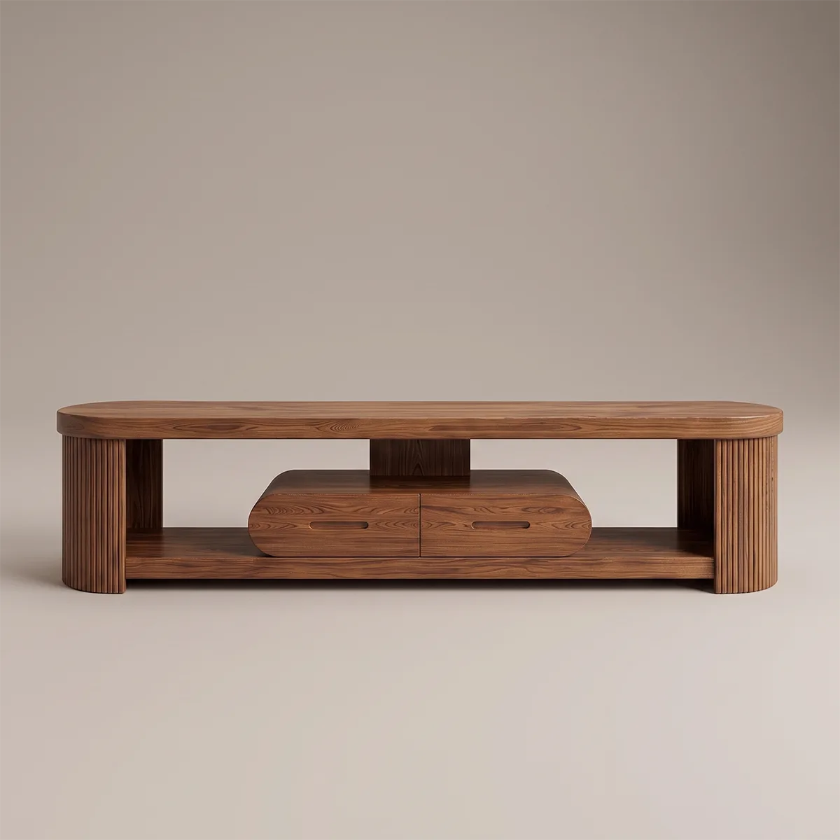 Modern Fluted TV Stand with 2 Drawers & Open Storage | Sculptural Low Profile Media Console
