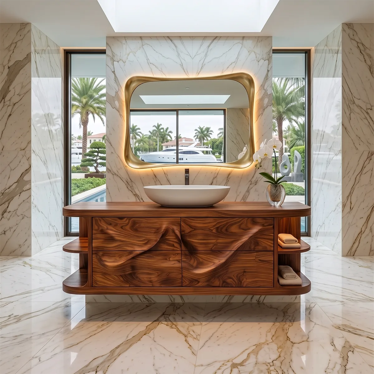 Sculptural Floating Bathroom Vanity with Artistic Wave Front & Open Side Shelves