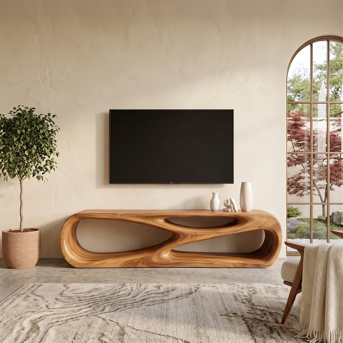 Sculptural TV Stand with Curved Open Shelves | Modern Media Console TH003-2TDK3XA