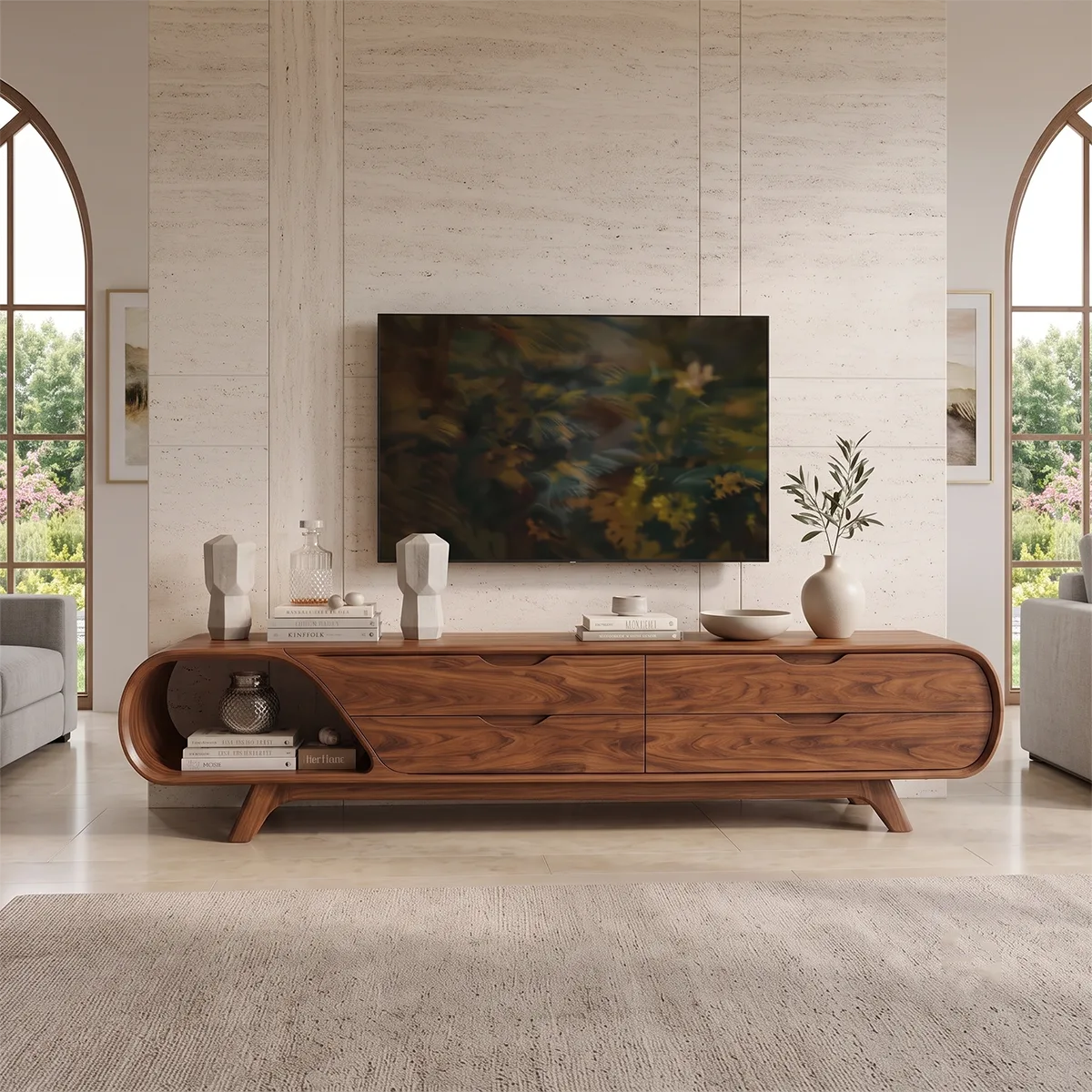 Modern Curved TV Stand with 4 Drawers & Open Shelf | Sculptural Low Profile Media Console