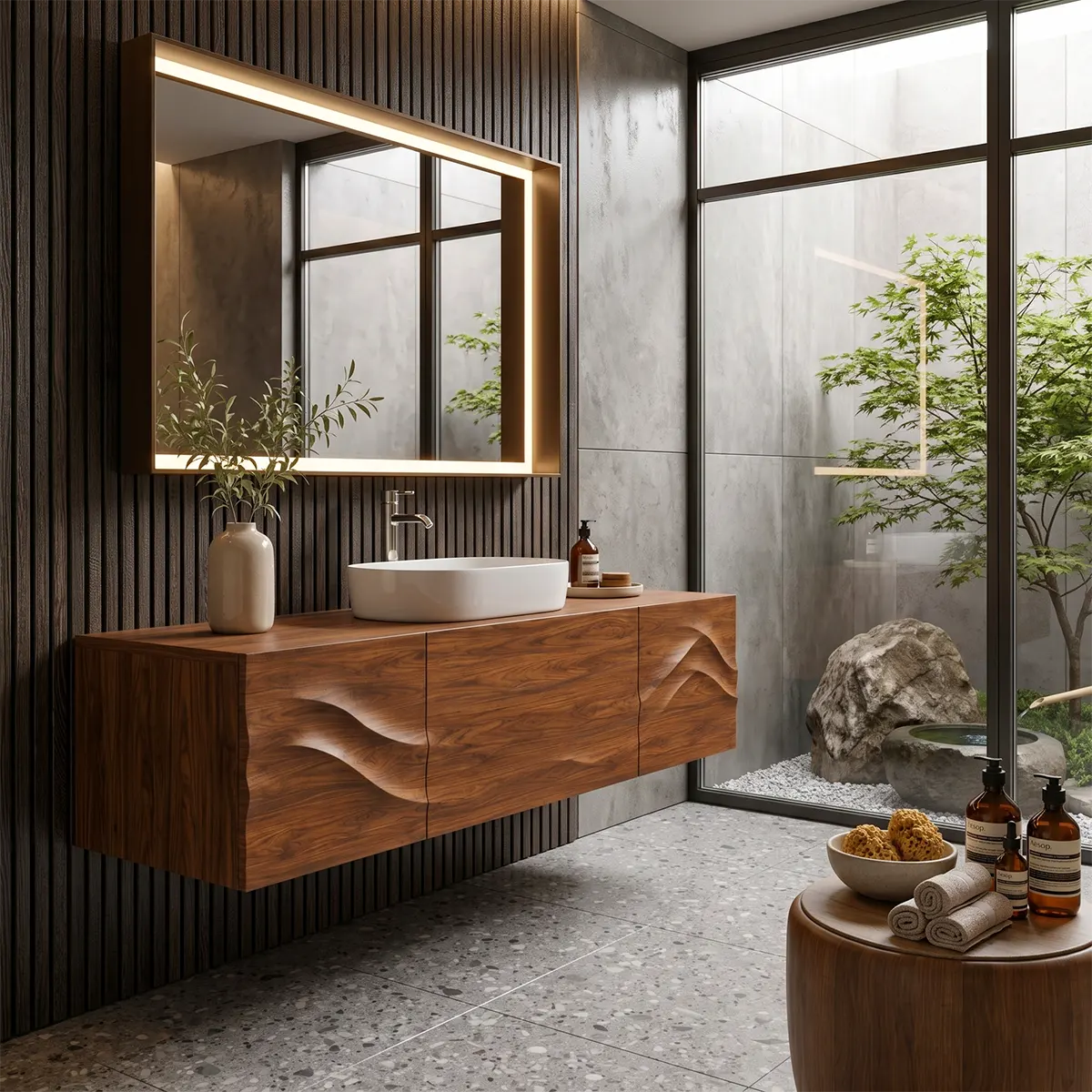 Floating Bathroom Vanity with 3 Doors | Sculpted Wave Front & Handleless Design