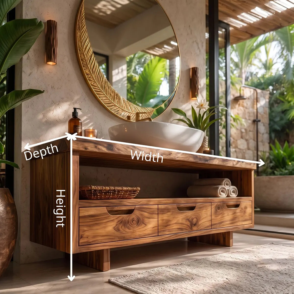 Freestanding Solid Wood Bathroom Vanity | Live Edge Wood Vanity with Open Shelf & Three Drawers TT006-2MDA2PI